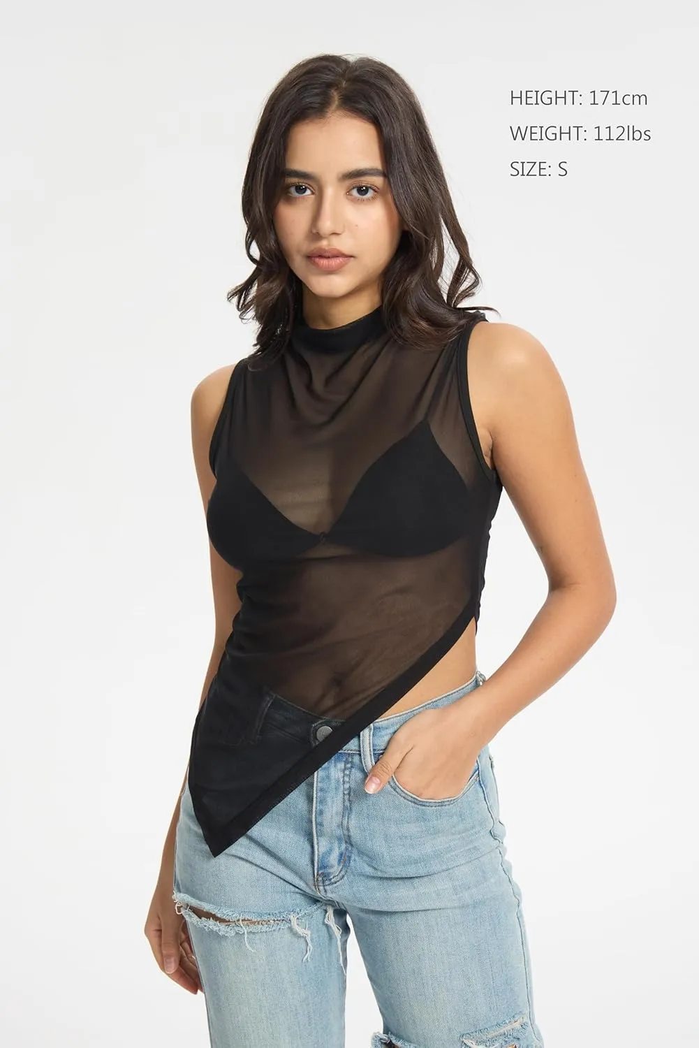 Women's Sheer Mesh Tank Tops Mock Neck Sleeveless Asymmetrical Hem Crop Top See Through Shirts