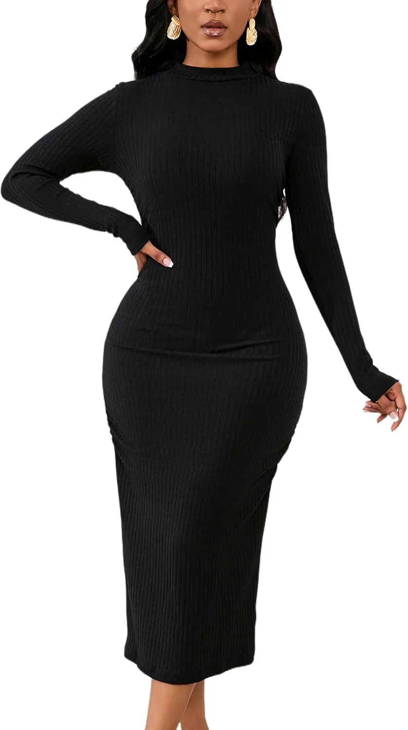 Yajedo Womens 2025 Basic Ribbed Knit Bodycon Long Sleeve Slim Fit Club Sheath Midi Dress Elegant